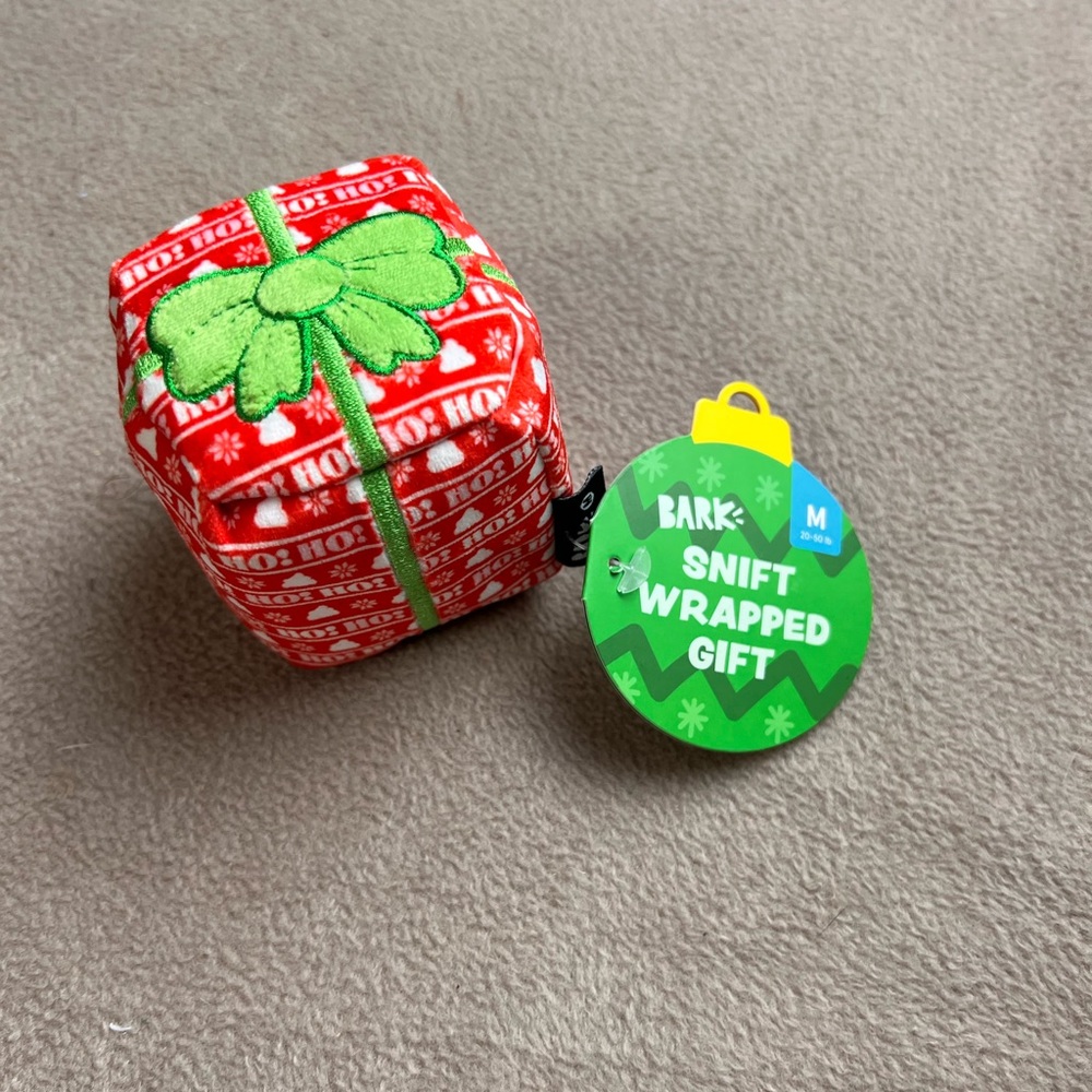 BARK Snift Wrapped Gift Christmas Super Chewer Dog Toy Medium Red Green